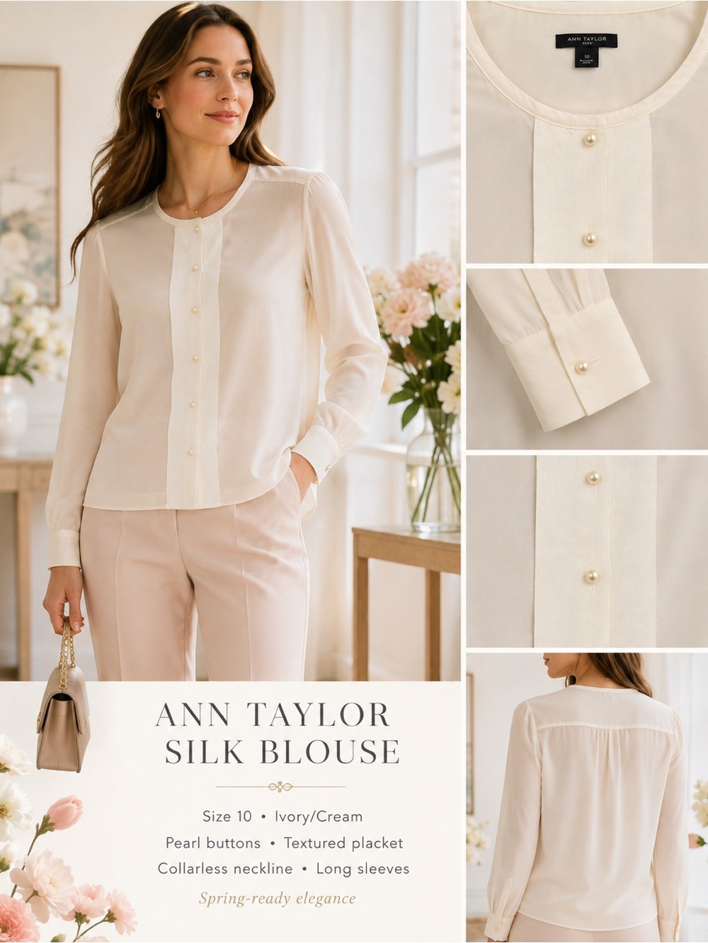Ann Taylor 100% Silk Ivory Pearl Button Blouse Minimalist Quiet
Luxury Top